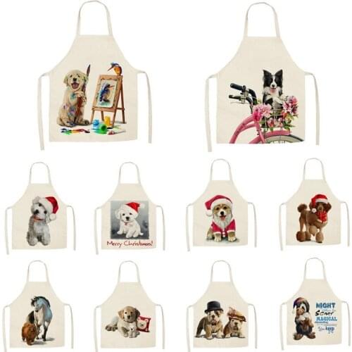 Linen cartoon dog theme Print Kitchen Aprons Unisex Dinner Party Cooking Bib Funny Pinafore Cleaning Apron