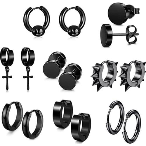 Hot selling fashion men and women punk barbell gothic earrings stainless steel perforated black special-shaped earrings jewelry