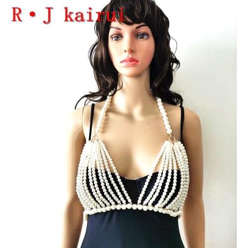 New RJPE11 Fashion Women Gold Chains Layers Imitation Pearls Top Bra Chains Body Costume Jewelry 2 Colors