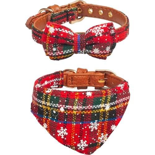 Leather Dog Collar with Bow Tie Set Adjustable Christmas Dogs Bandana Scarf and Collars for Puppy Cats