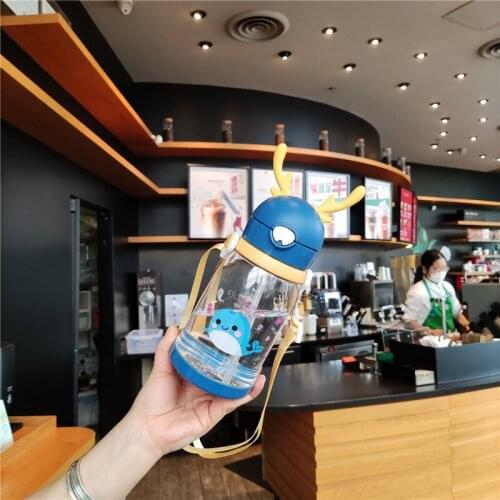 Silicone Straw Plastic Portable Sport Water Bottle Leakproof Cute Cartoon Animal Antlers Water Cups Mugs Kid Child Hiking Kettle