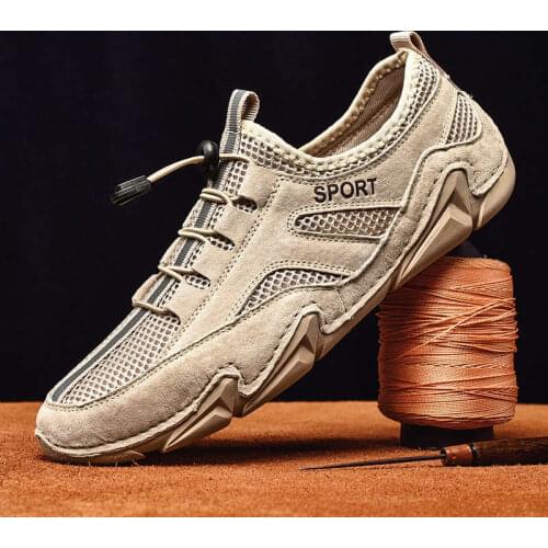 Breathable Shoes Summer Mens Genuine Leather Casual Loafers Sandals For outdoor Mesh Slippers Beach Holes tennis without laces