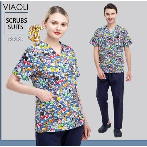 Scrub Work Spa Clothes Medical Doctor Nurse Unisex Surgical Tops Cotton Printing Hospital Nurse Uniform Beauty Salon Nursing Lab