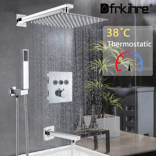 Bathroom Wall Mount Thermostatic Rainfall Shower Faucet Set Chrome Concealed Faucets System Swivel Tub Spout Mixer Tap Combo Set