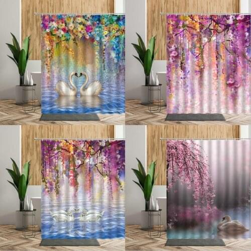 Spring Purple Flower Shower Curtains Wisteria Flowers Swan Love Birds Lake Bathroom Decor Backdrop Fabric Valentine Bath Curtain