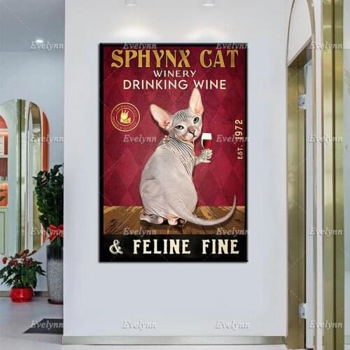 Cat Drinking Wine Vintage Poster, Sphynx Cat Canvas, Funny Cat Prints, Sphynx Cat Lover Gift, Sphynx Cat Wall Art, Home Decor