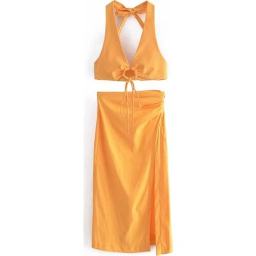 Za Summer Vintage Solid Color Skirt Women High Waist Package Hip Pencilskirt Fold Effect Front Split Skirts linen blend crop top