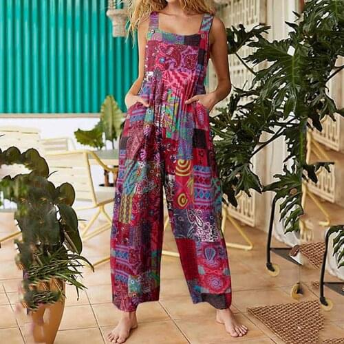 2021 New Womens Floral Prints Straps Overalls Wide Leg With Pockets Large Size Rompers Vintage Jumpsuit Trousers