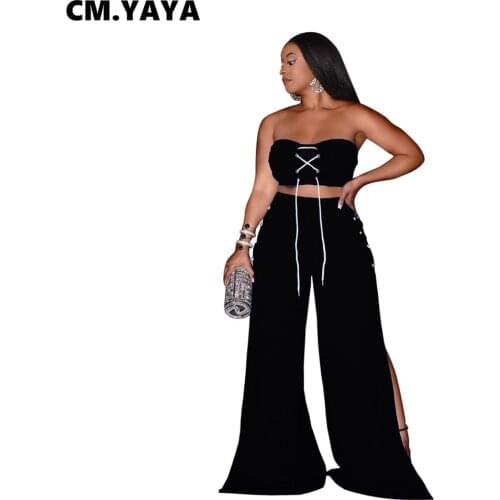 CM.YAYA Women Set Solid Sleeveless Strapless Crop Tops Siede Split Lace Up Wide Leg Pants 2 Piece Set Sexy Night Outfit Summer