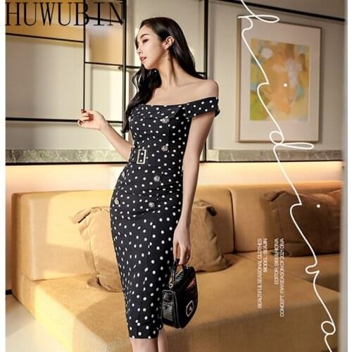 Womens new Pattern Summer 2021 Korean version Slash neck Wave Point Double Breasted Lace up Slim Sexy Dress