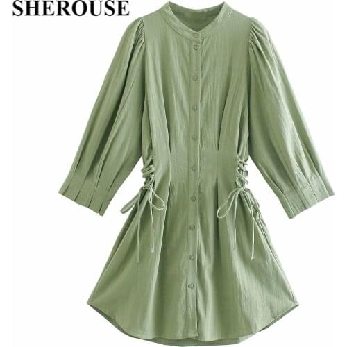 SHEROUSE Women Fashion Shirring Solid Single Breasted Mini Dress O-Neck Three Quarter Sleeve Vintage Female Dresses Robe