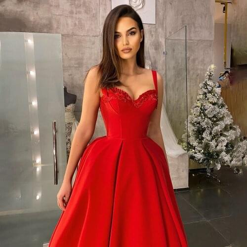 Red Womens Evening Dress Spaghetti Strap A Line High Waist Sweetheart Floral Short Formal Party Gowns Velvet Robe de soiree
