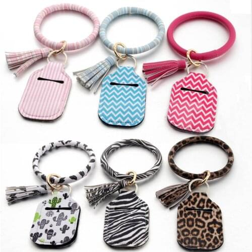 ZWPON PU Leather Leopard Bangles Neoprene Sanitizer Holder Keychain for Women Cactus Print Tassel Key Rings Jewelry Wholesale