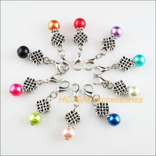 10 New Chinese Knot 11x22mm Charms Mixed Ball Glass Tibetan Silver Plated Retro With Lobster Claw Clasps