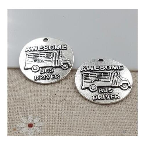 High Quality 20 Pieces/Lot Diameter 25mm Antique Silver Plated Bus Embossed Awesome Bus Driver Bus Charm