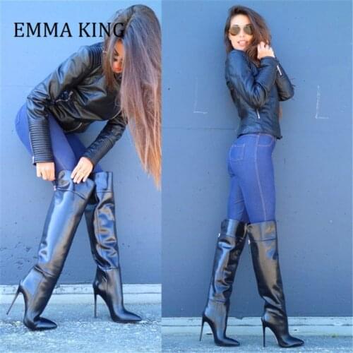 100% Handmade Women Knee High Boots 12cm Thin High Heels Woman Botas Mujer Back Zipper Women Pointed Toe Thigh High Boots 2020