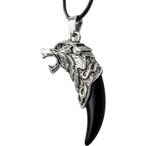 4 Color New Antique Men Necklace Tribal Carved Wolf Fang Tooth Pendant Faux Leather Rope Necklace Resin Wolf Tooth Alloy Pendant