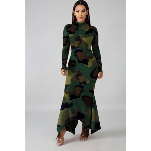 African Dresses For Women Bodycon Maxi Dress Striped Leopard Long Sleeve Casual Robes Camouflage Print Knitted Party Dresses