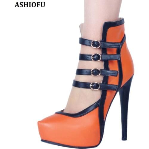 ASHIOFU Handmade New Ladies High Heel Pumps Four-buckle straps Sexy Platform Party Club Dress Shoes Evening Fashion Court Shoes