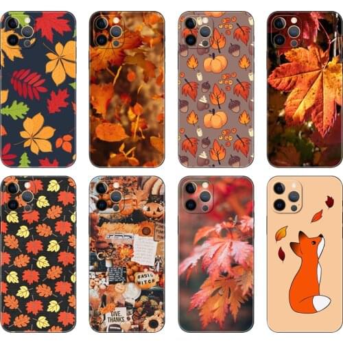 Black tpu case for iphone 5s se 2020 6 6s 7 8 plus x 10 XR XS 11 12 mini pro MAX back cover Autumn leaves fall fox pumpkin