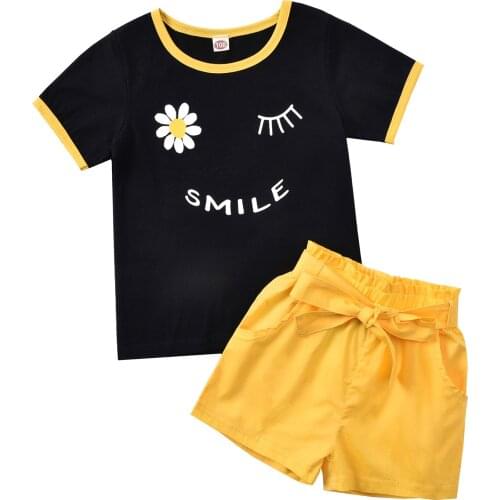 OPPERIAYA Kids Baby Girls Fashion 2-piece Summer Outfit Flower Letter Print Tops pocket Bow Shorts Casual Set for Children