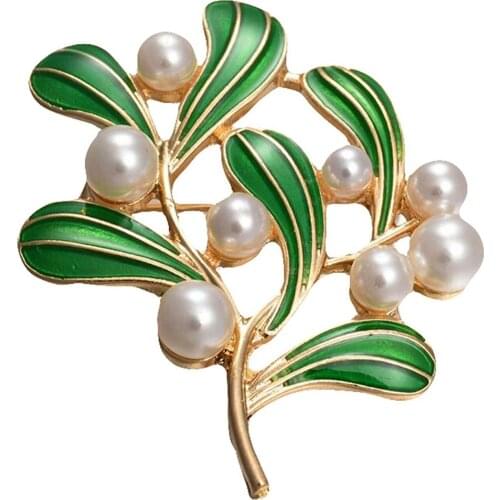 Exquisite Simulated Pearl Brooches For Women Ladies Gold Color Green Enamel Tree Leaves Brooch Pin Scarf Shawl Clips Accessories