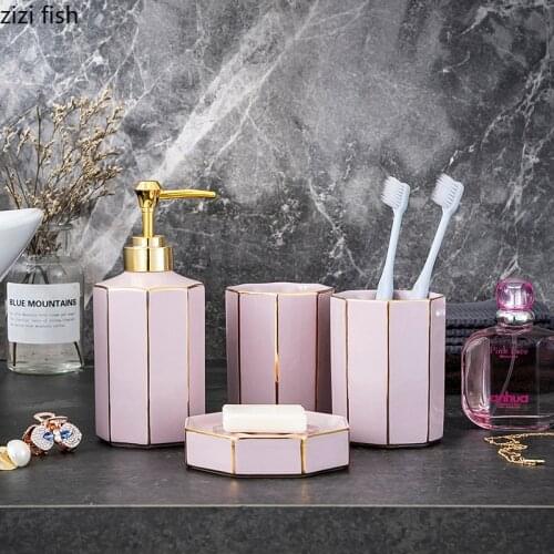 Ceramics Bathroom Set 4-piece Bathroom Set Green Pink Mouthwash Cup Soap Dish Lotion Bottle Bathroom Decoration Accessories