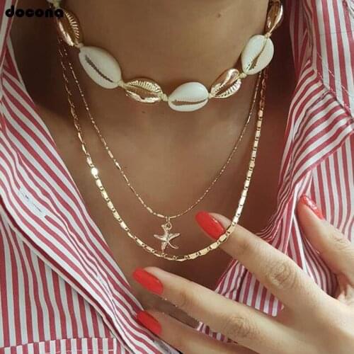 Docona Boho Seashell Star Layered Necklace for Women Girl Cowrie Chains Necklaces Collares Party Jewelry C04107