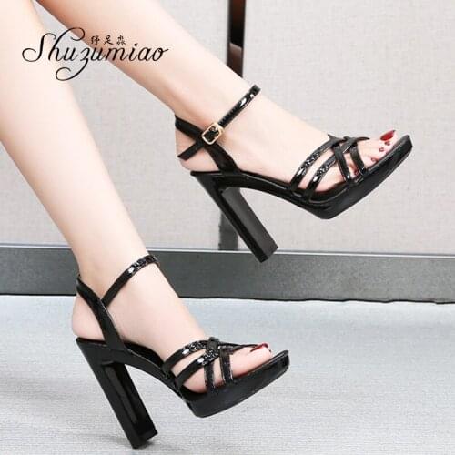 Shuzumiao Catwalk Artifact Model Fine With Sexy Black Platform 11cm Heels Ultra-High-Heel Sandals Womens Summer Shoes