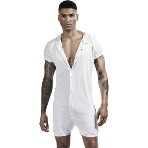 Mens Undershirts Shorts Sleeve Button Cotton Sleepwear Causal Loose Jumpsuits Shorts Singlets Bodysuits One-piece Camiseta 2XL