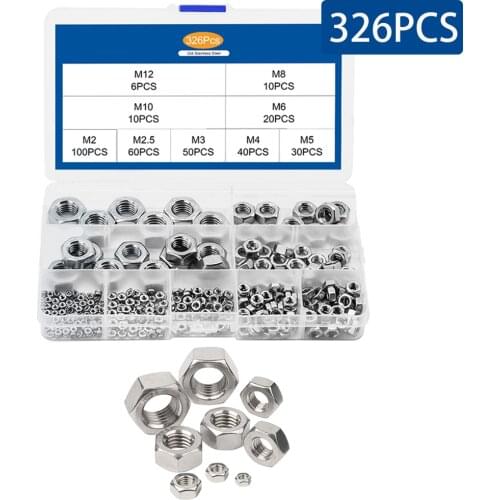 326PCS/Box Hex Hexagon Nuts Assortment Kit M2 M2.5 M3 M4 M5 M6 M8 M10 M12 Stainless Steel Metric Hex Nuts Set DIN934