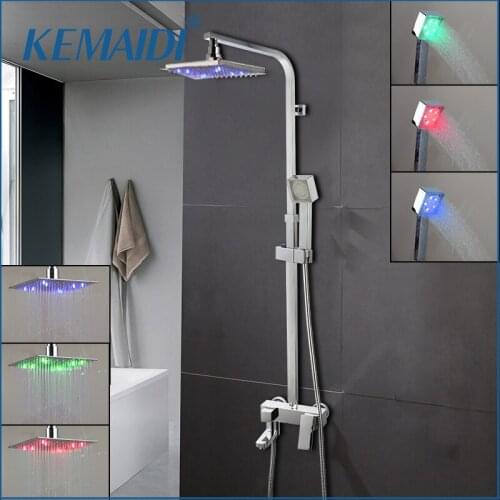 KEMAIDI Bathroom LED Shower Faucet set 8"Square Rainfall Shower Set Tub Mixer Faucet Wall Mounted Tap W/ Hand Sprayer 3-Function