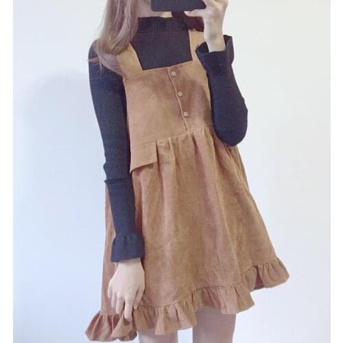 High Waist Loose Women Sleeveless Preppy Style Dress Women Japanese Mori Girl Sweet Ruffles Front Buttons Cute Dresses