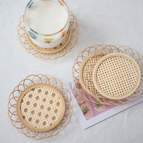 Durable Cup Coasters Handmade Bamboo Woven Hollow Storage Basket Sundries Container Tea Coffee Table Pad Decor For Kitchen
