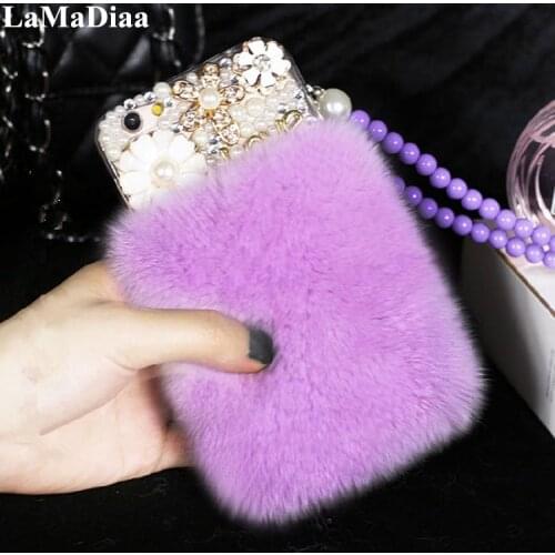 Luxury Fluffy Winter Warm Rabbit Hair Case Bling Diamond Pearl Soft Phone Case For iPhone11 Pro MAX 5S 6 6S 7 8 Plus XR XS Max X