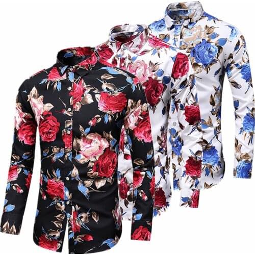 Fashion Floral Mens shirts Long sleeve Plus size S~5XL 6XL 7XL flower shirt men black white red blue men shirt