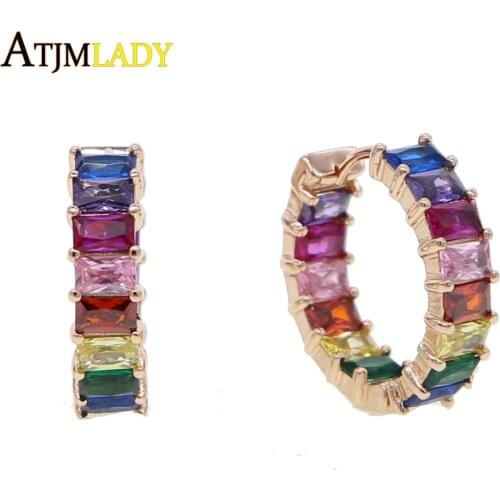 Rainbow baguette cubic zirconia cz hoop earring GOLD color classic luxury gorgeous european women fashion delicate jewelry