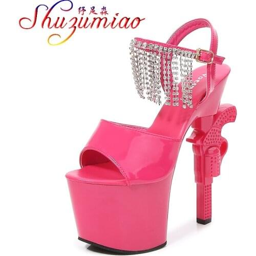 Shuzumiao Womens Shoes 2021 New luxury Brand Gun Heel Sandals Waterproof Platform Fringe Thin Heels High Heels Pole Dance Shoe