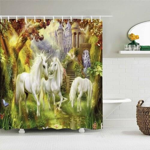 Unicorn Horse 3D Print Fabric Shower Curtains Waterproof Bathroom Cover Fantasy Design Polyester Bath Screen & Hooks Home Decor