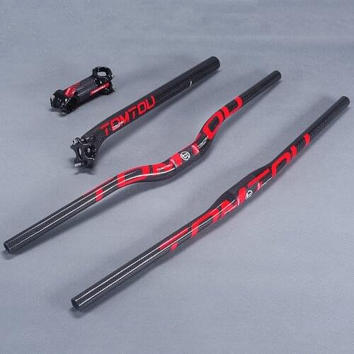 TOMTOU 3K Carbon Mountian Bike Handlebar Sets MTB Horizontal Handlebars Stem And Backward 20 Degree Seatpost Glossy Red - TS2T47