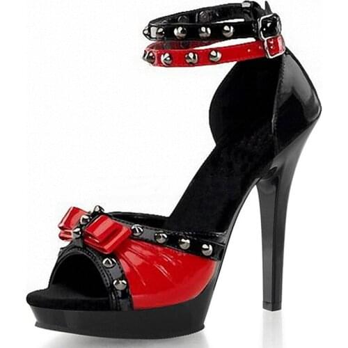 5 Inch Bowknot Red Black Dress Women Stripper Heels Peep Toe Concise Platform Slippers Sexy Fetish Nightclub Pole Dance Shoes