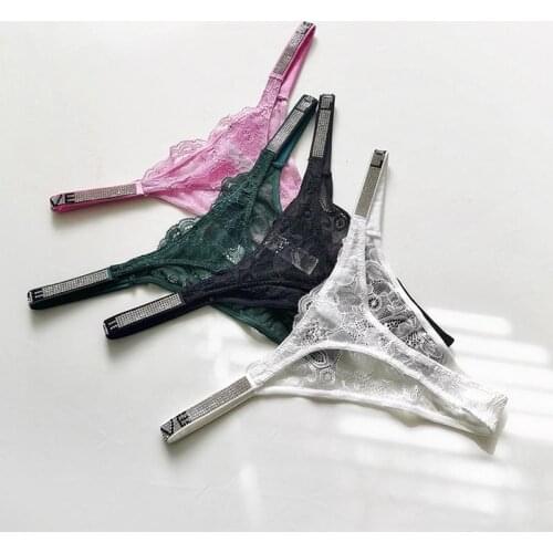 Ultra Thin Sexy Lingerie Rhinestone Lace Thin Belt Letters Women G-Strings Thongs Low Waist Soft Transparent Comfortable Panties