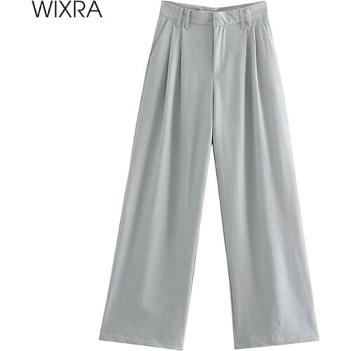 Wixra 2021 Women Suit Pants Solid Zipper Button High Waist Pocket Loose Casual Straight Trousers Office Lady Autumn Bottom