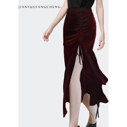 2021 Autumn New Women High Waist Sexy Side Slit Velour Maxi Skirt Adjustable Drawstring Elegant Office Ladies Wrapped Skirts