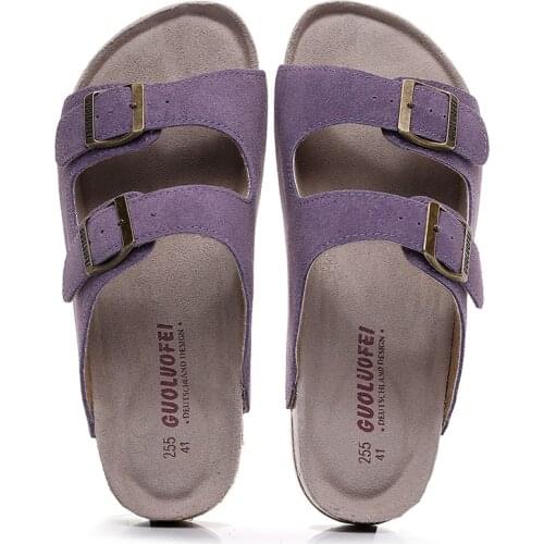 2021 Classic Two Buckle Sandals For Women Cow Suede High Quality Ladies Flats Slippers Cork Clogs Sandals Womens Shoes