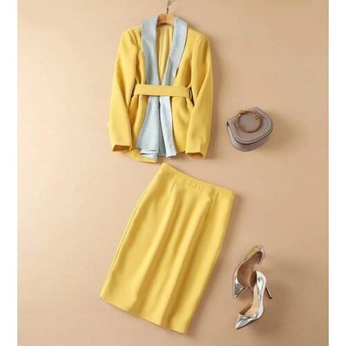 High Quality Womens Set 2021 Autumn Winter Business Suit Female Notched Collar Belted Blazer Coats+Knee-Length Pencil Skirt Set