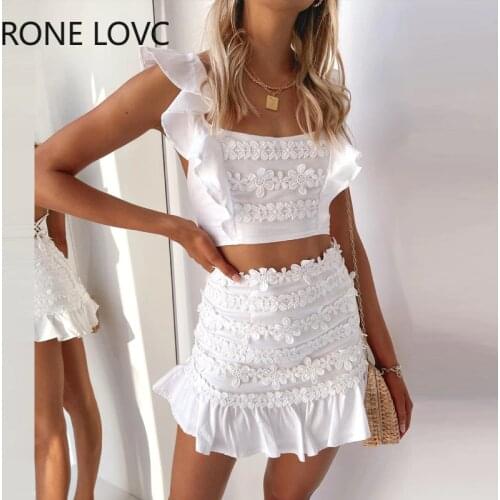 Women Ruffle Hem Lace Trim Crop Top & Skirt Sets Casual 2 Pieces Set