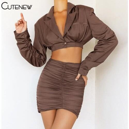 Cutenew Solid Casual Two Piece Set Women Elegant Sexy V-Neck Long Sleeve Notched Top+Skinny Folds Skirt Matching Lady Streetwear