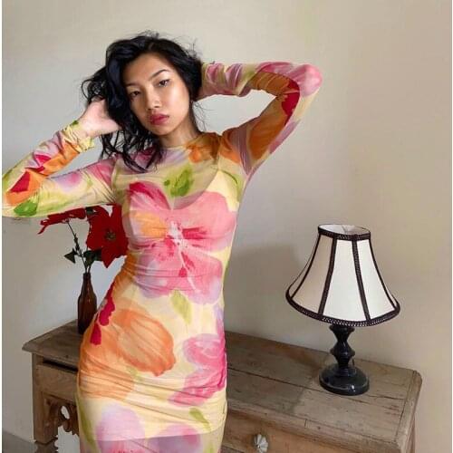 2021 Tie Dye Bodycon Dress Summer Fashion Print Long Sleeve Sexy Dress Panelled Crew Neck Mini Dresses for Women Korean Style