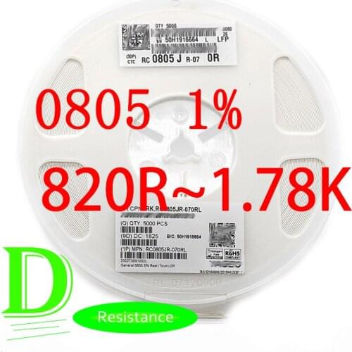 100PCS SMD Resistor RC Series 0805 1% Original RC0805FR-07 Series 820R-1.78K All resistors 820R 910R 1K 1.1K 1.2K 1.3K 1.5K 1.6K
